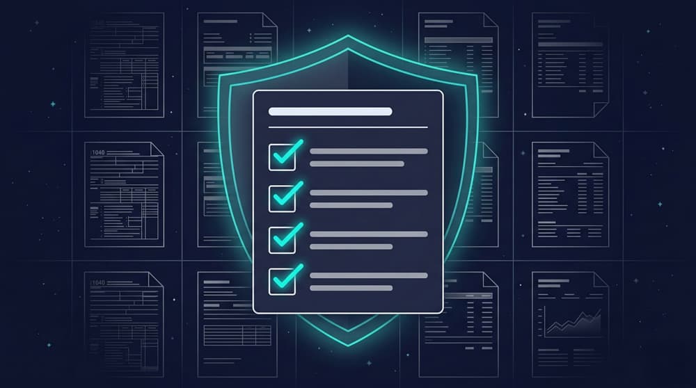 Compliance checklist with verification checkmarks overlaying financial documents